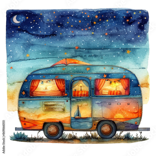 retro camper wagon with sea scene at night vector illustration in watercolor style1