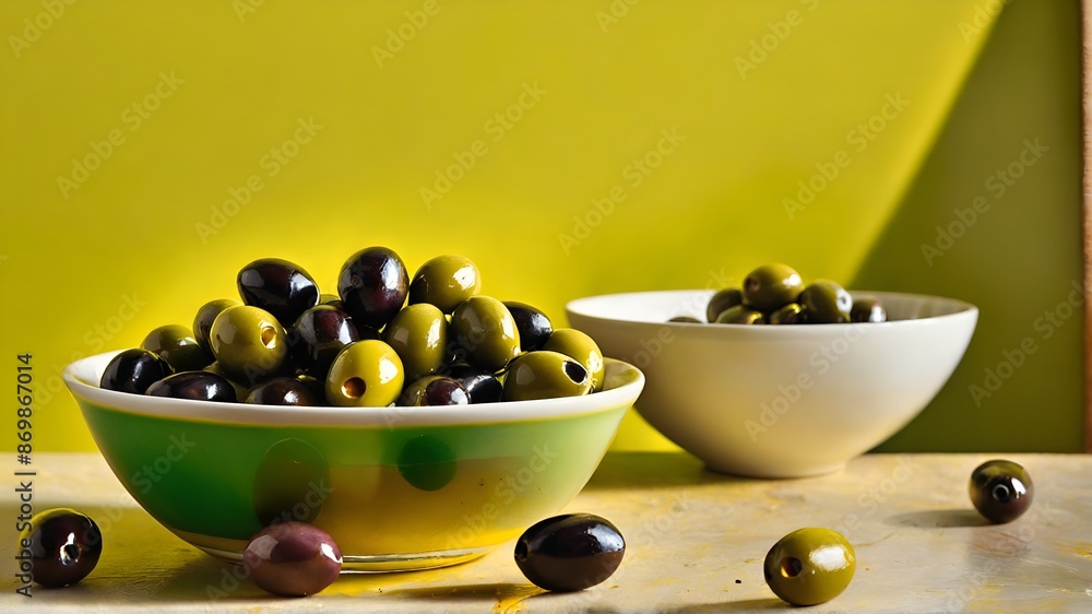 Black and green olives in bowl on table Black and green olives in bowl on table