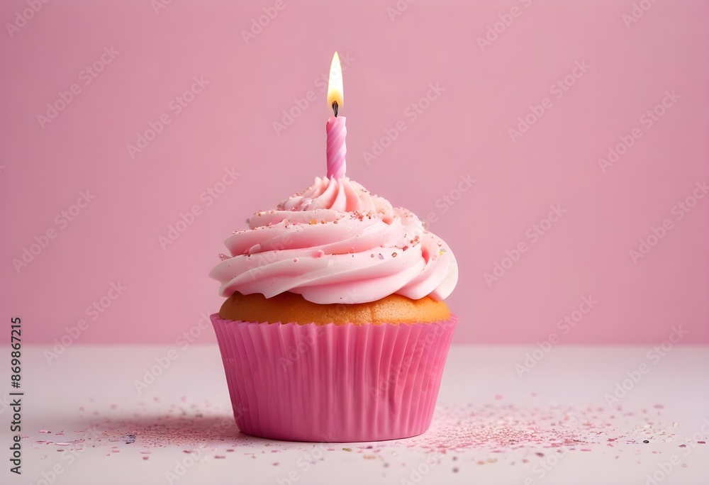 A pink birthday cupcake with a lit candle on a pink and white background with sparkles A pink birthday cupcake with a lit candle on a pink and white background with sparkles