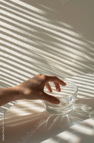 Hand Reaching for Glass Bowl With Water on Table in Sunlight Through Blinds