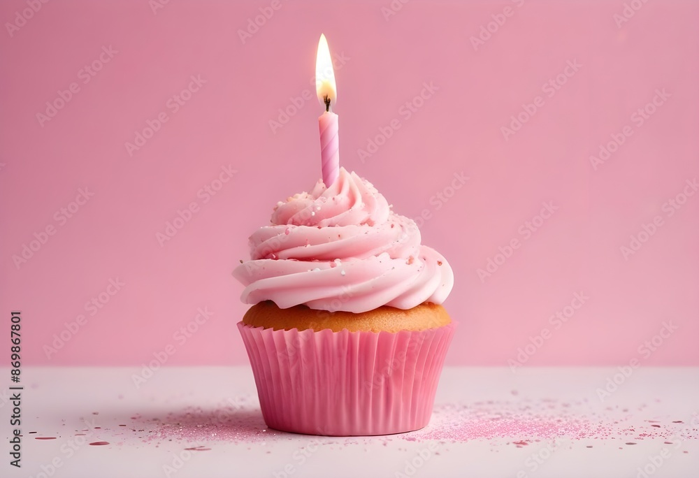 A pink birthday cupcake with a lit candle on a pink and white background with sparkles A pink birthday cupcake with a lit candle on a pink and white background with sparkles