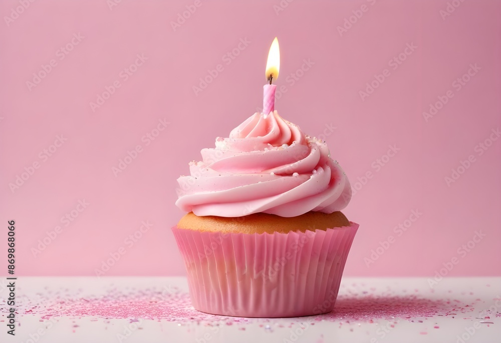 A pink birthday cupcake with a lit candle on a pink and white background with sparkles A pink birthday cupcake with a lit candle on a pink and white background with sparkles