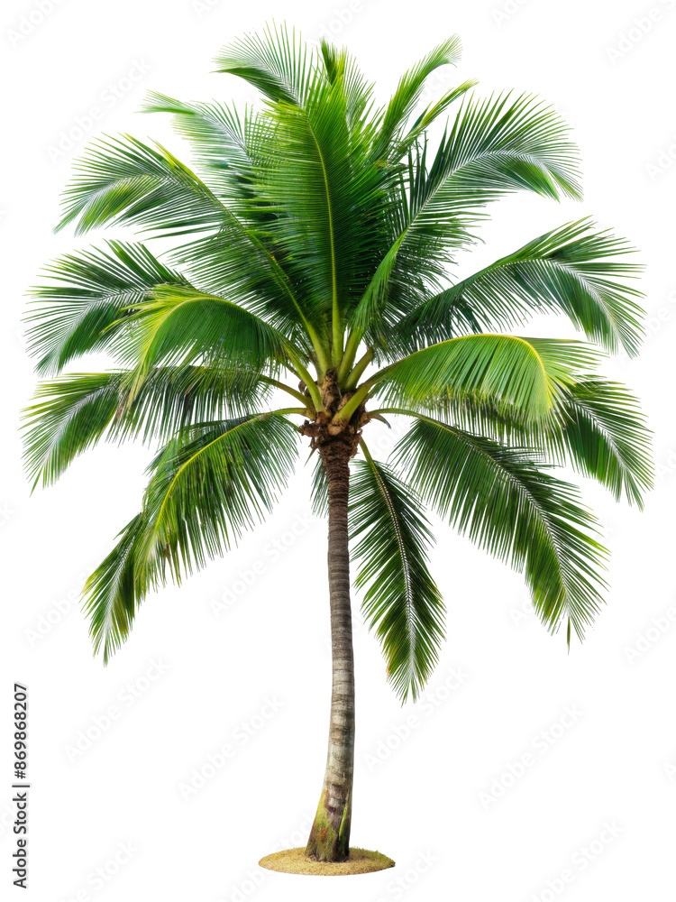 Obraz premium Tropical palm tree with lush green leaves isolated on transparent background