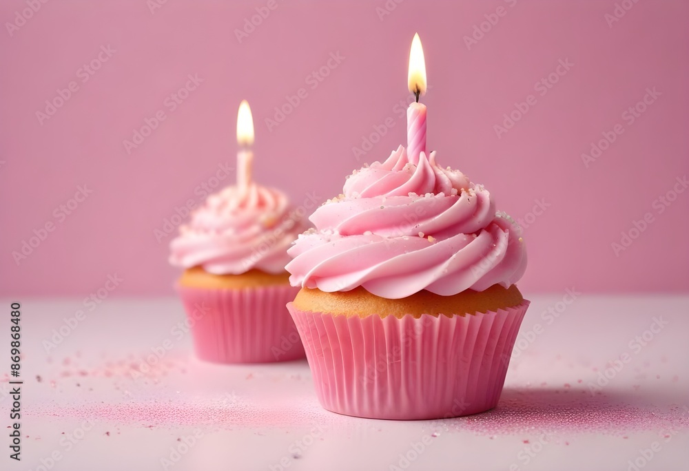 A pink birthday cupcake with a lit candle on a pink and white background with sparkles A pink birthday cupcake with a lit candle on a pink and white background with sparkles