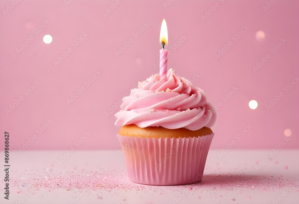 A pink birthday cupcake with a lit candle on a pink and white background with sparkles A pink birthday cupcake with a lit candle on a pink and white background with sparkles