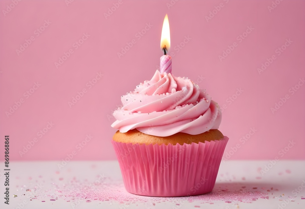A pink birthday cupcake with a lit candle on a pink and white background with sparkles A pink birthday cupcake with a lit candle on a pink and white background with sparkles