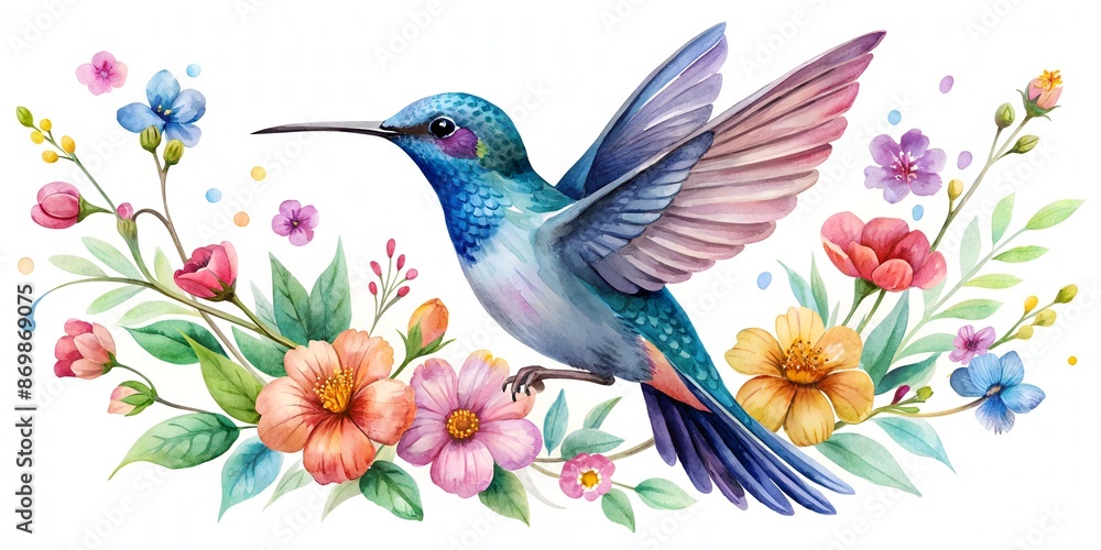 Vibrant watercolor painting of a small flying blue hummingbird surrounded by delicate flowers, isolated on a clean white background, exuding whimsy and natural beauty. Vibrant watercolor painting of a small flying blue hummingbird surrounded by delicate flowers, isolated on a clean white background, exuding whimsy and natural beauty.