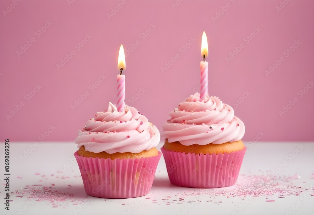 A pink birthday cupcake with a lit candle on a pink and white background with sparkles A pink birthday cupcake with a lit candle on a pink and white background with sparkles