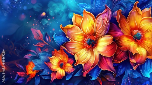  A close-up of a painting of vibrant flowers on a blue and orange canvas against a tranquil blue sky