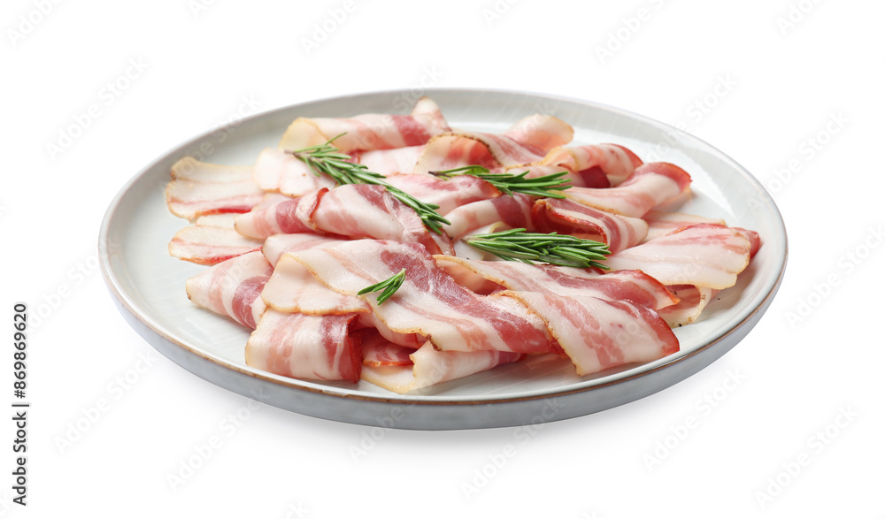 Slices of raw bacon and rosemary isolated on white Slices of raw bacon and rosemary isolated on white