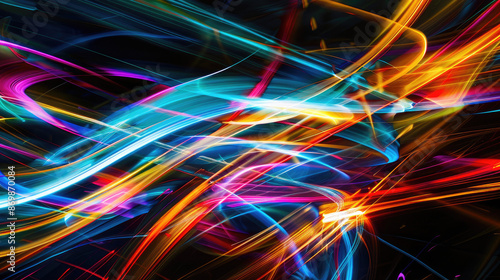 Vibrant streaks of blue, red, yellow, and pink light intertwine dynamically against a dark background, creating an energetic and vivid visual display.