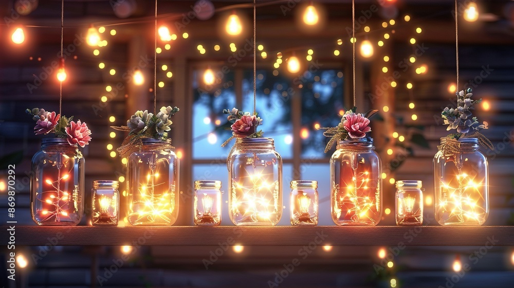 A collection of mason jars containing blooms rests atop a wooden table near a lighted window A collection of mason jars containing blooms rests atop a wooden table near a lighted window