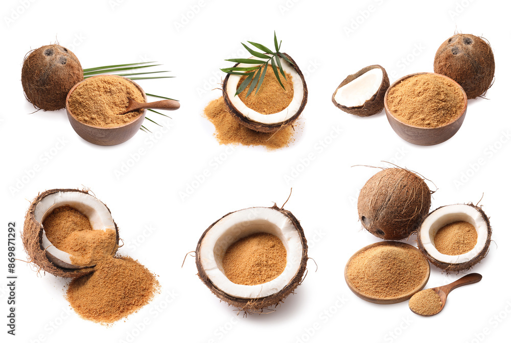 Coconut fruits and brown sugar isolated on white, set Coconut fruits and brown sugar isolated on white, set