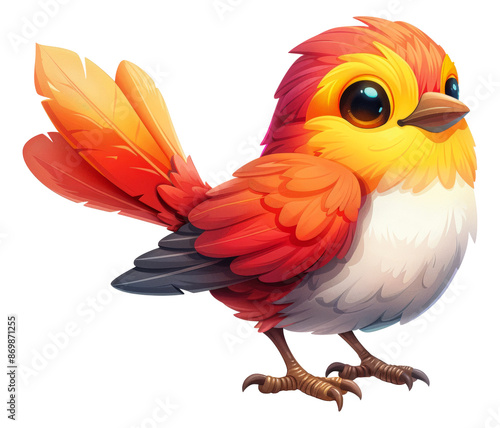 Red and yellow cartoon bird with big eyes isolated on transparent background