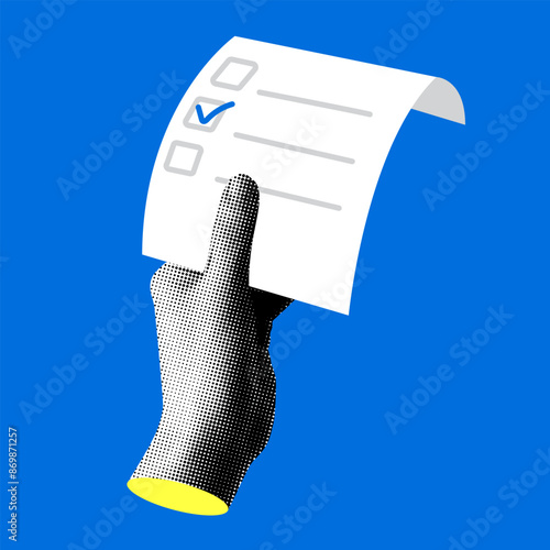 Halftone hand holding a ballot. Modern collage with newspaper trendy parts. Vote concept. Election and suffrage concept