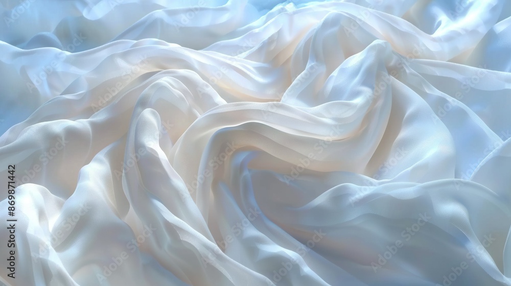 Fototapeta premium A zoomed-in shot of white fabric against a backdrop of blue sky and a fuzzy depiction of the fabric in the foreground