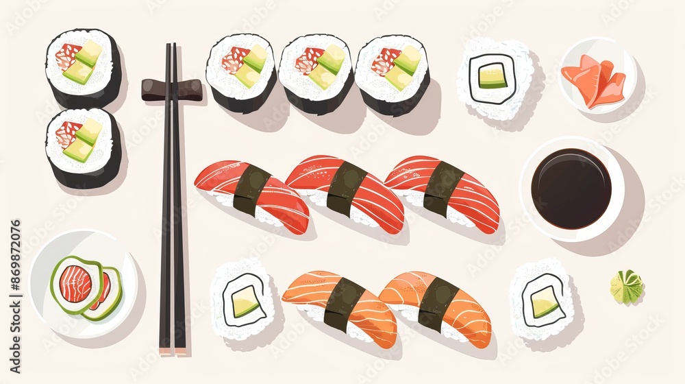 Sushi set from Japan, arranged in a flat layout with space for text. Sushi set from Japan, arranged in a flat layout with space for text.