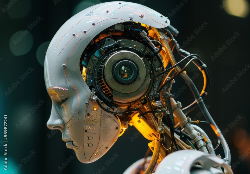Fototapeta premium A Close Up View of a Robots Head With Glowing Internal Mechanisms