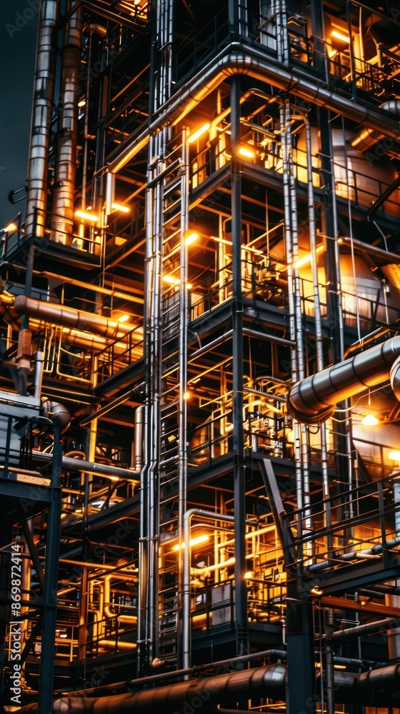 Industrial complex at night with illuminated metal scaffolding and pipes. Industrial complex at night with illuminated metal scaffolding and pipes.