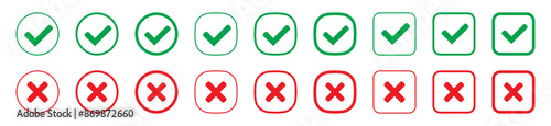 Right or wrong icons. Green tick and red cross checkmarks. Yes or no symbol, approved or rejected icon for user interface.