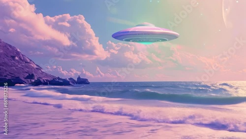 UFO flying over the sea near the beach, beautiful pink sunset, dreamy scene