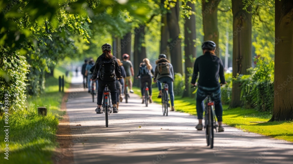 A group of people bike along a tree-lined path on a sunny day. The path is paved and surrounded by lush greenery. A group of people bike along a tree-lined path on a sunny day. The path is paved and surrounded by lush greenery.