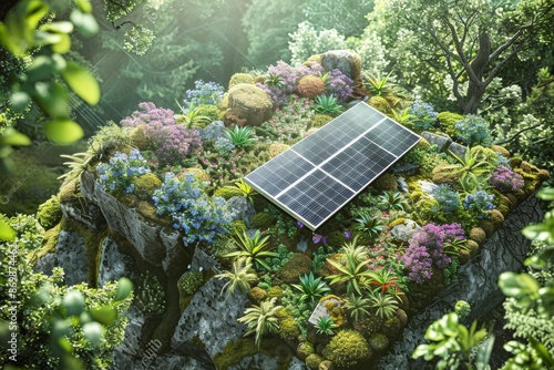 Solar panels installed on a moss covered rocky surface highlighting the adaptation of renewable energy technology to diverse environments with a focus on sustainability and eco consciousness