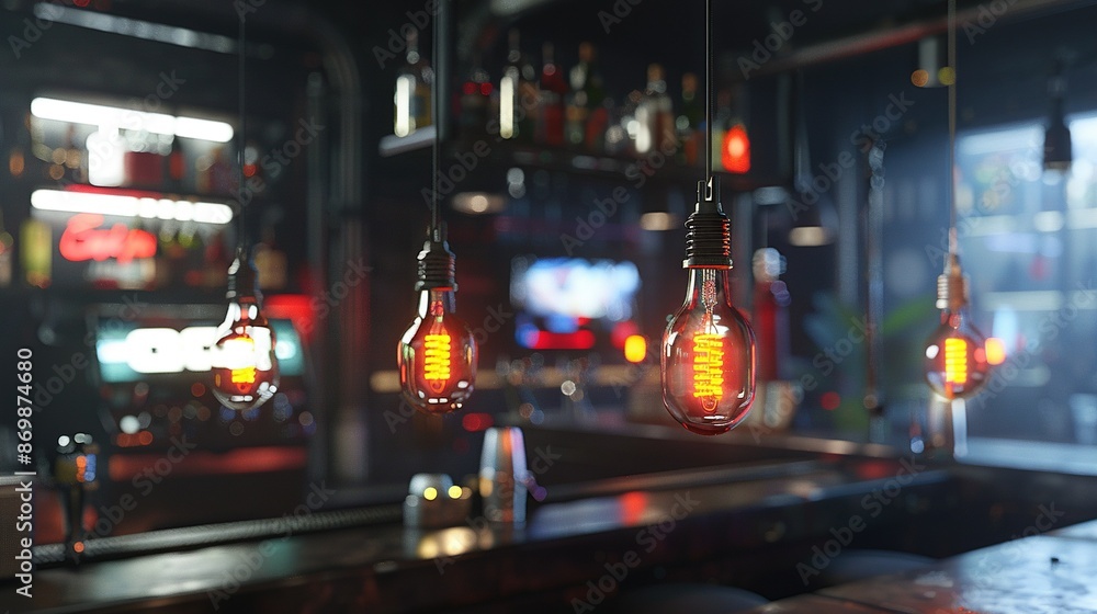 A room with a lot of ceiling lights and a bar in the background, adorned with several hanging light bulbs A room with a lot of ceiling lights and a bar in the background, adorned with several hanging light bulbs