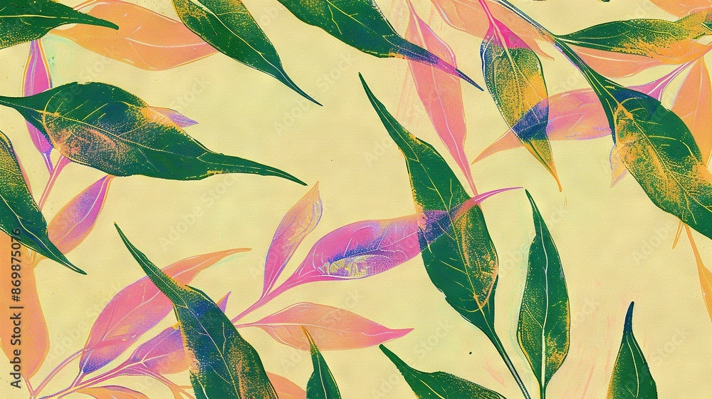custom made wallpaper toronto digital A yellow background features pink and green leaves on its left side in this painting