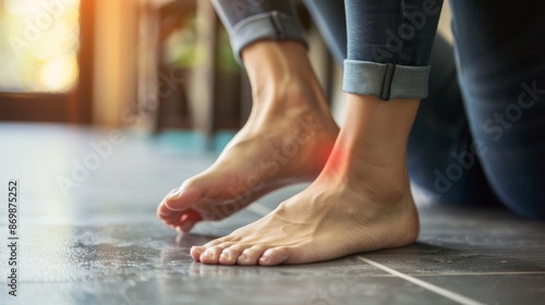 A persons bare feet are shown with an ankle that is highlighted in red, indicating pain