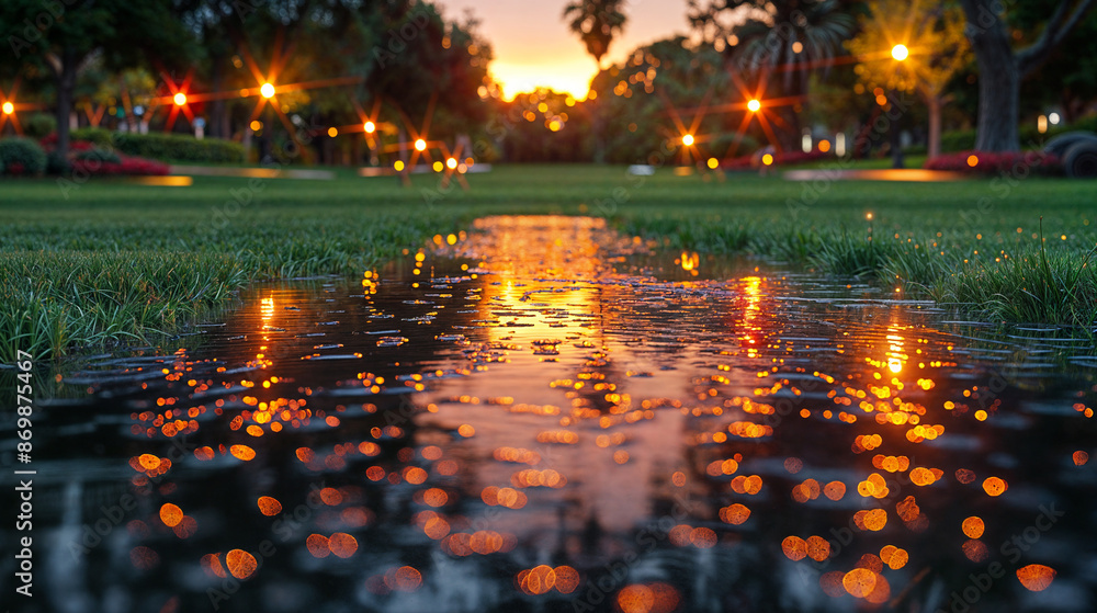 Evening Sunlight Reflecting on Wet Pathway in a Serene Park with Lush Green Grass and Distant Trees. Peaceful Urban Oasis Evening Sunlight Reflecting on Wet Pathway in a Serene Park with Lush Green Grass and Distant Trees. Peaceful Urban Oasis
