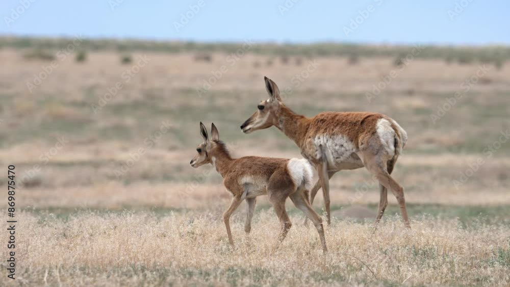Pronghorn fawn walking with its mother through the Utah desert in slow motion. Pronghorn fawn walking with its mother through the Utah desert in slow motion.