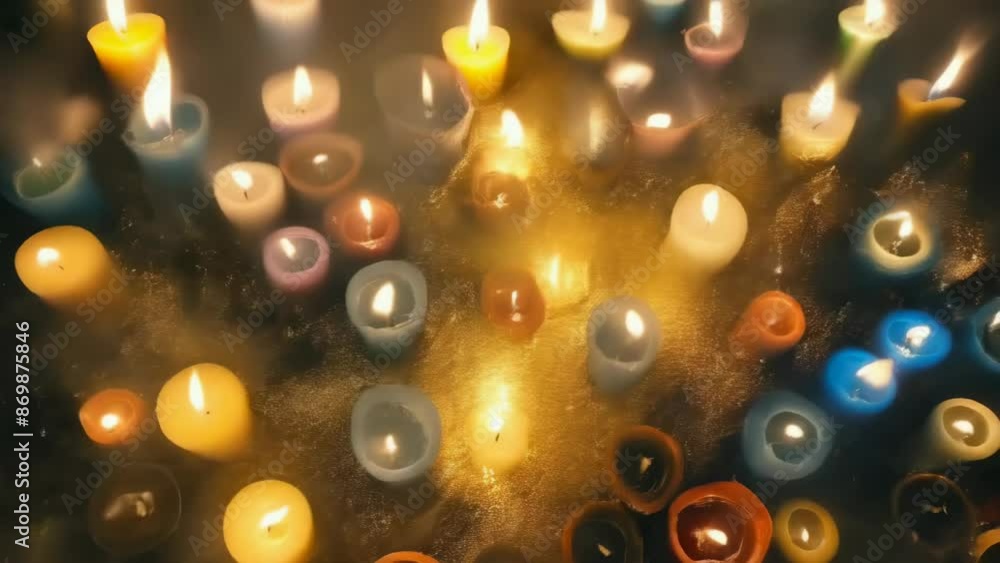 An overhead view of numerous lit candles of different colors illuminating the dark. The warm glow creates a serene and peaceful atmosphere. The image is vibrant with a mix of soft and bright colors. An overhead view of numerous lit candles of different colors illuminating the dark. The warm glow creates a serene and peaceful atmosphere. The image is vibrant with a mix of soft and bright colors.
