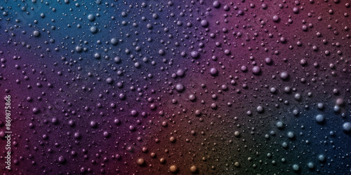 Farbperlen im Nebel: Ein hypnotisierendes Bild von schwebenden Tropfen in Blau-, Violett- und Rottönen, die wie Perlen auf einem nebligen Hintergrund verteilt sind