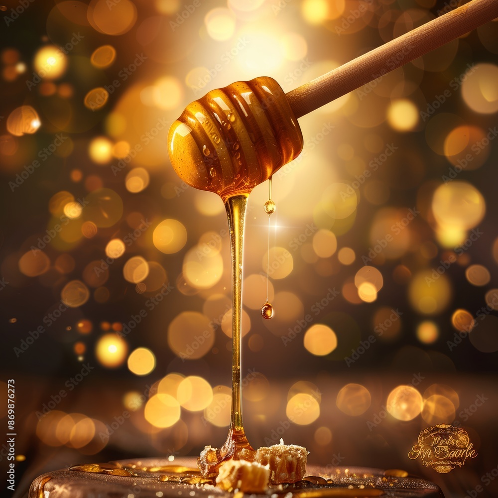 close up of Golden honey dripping down a wooden dipper, with crystallized chunks forming at the edges , golden honey natural bokeh background close up of Golden honey dripping down a wooden dipper, with crystallized chunks forming at the edges , golden honey natural bokeh background