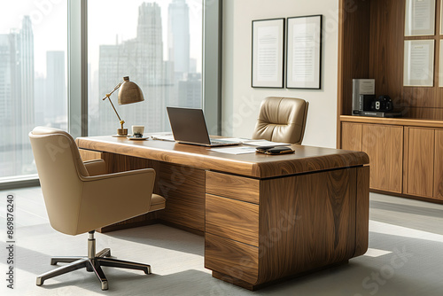 Executive CEO's office of a director or head of corporation workspace wooden desk with a high-end laptop, documents, a modern stylish office with floor-to-ceiling windows