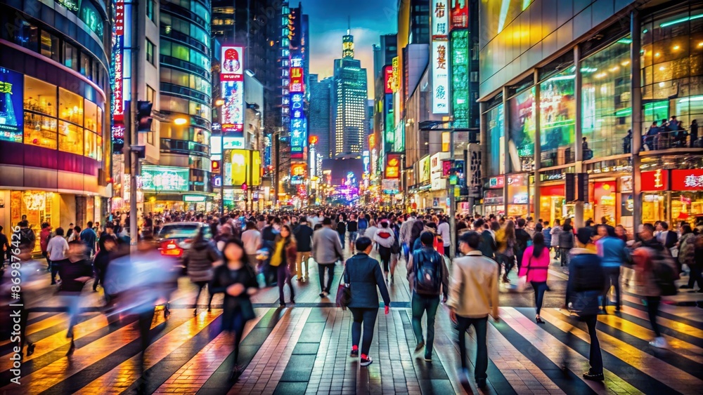 Obraz premium Busy city street filled with anonymous blurred figures, capturing the essence of urban shopping frenzy, with towering skyscrapers and neon lights in the background.