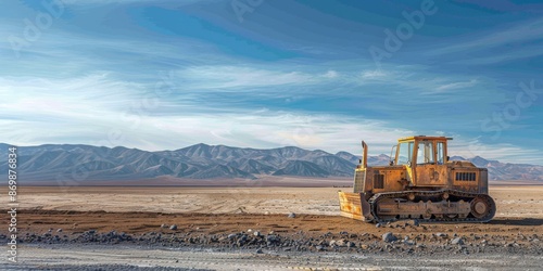 Rusty bulldozer on a desert landscape with mountain range in the background. Outdoor construction equipment. Banner with copy space