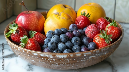 Fresh Fruit Bowl With Apples, Strawberries, and Blueberries © fotofabrika