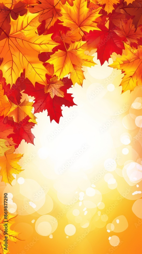 Bright autumn leaves in red, orange, and yellow hues on light bokeh. Bright autumn leaves in red, orange, and yellow hues on light bokeh.