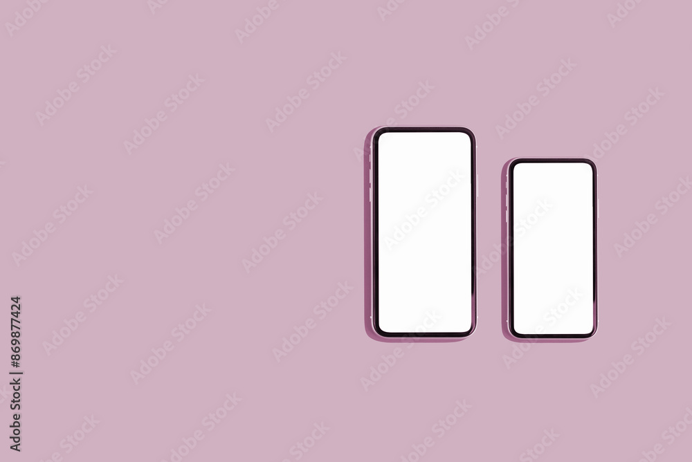 Two smartphones with blank white screens, demonstrating copy space for app or ad design, on pink background, top view, copy space Two smartphones with blank white screens, demonstrating copy space for app or ad design, on pink background, top view, copy space