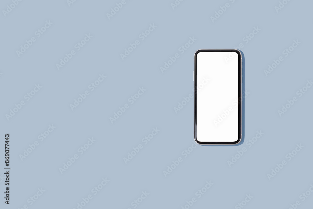 One smartphone with blank white screen, demonstrating copy space for app or ad design, on blue background One smartphone with blank white screen, demonstrating copy space for app or ad design, on blue background