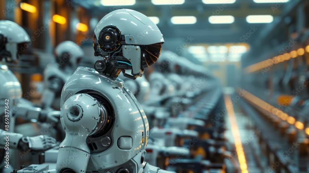 Advanced Robot Production Line in Factory. Rows of humanoid robots being assembled on a high-tech production line in an advanced factory setting. Advanced Robot Production Line in Factory. Rows of humanoid robots being assembled on a high-tech production line in an advanced factory setting.