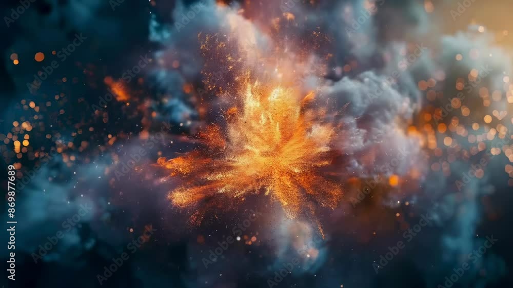 A dramatic fiery explosion lights up the night sky, with bright sparks and dense dark smoke clouds. The intense scene showcases orange and yellow flames, creating a striking contrast against the dark A dramatic fiery explosion lights up the night sky, with bright sparks and dense dark smoke clouds. The intense scene showcases orange and yellow flames, creating a striking contrast against the dark