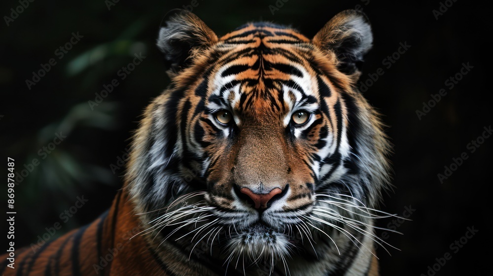 Majestic tiger staring directly at the camera with intense focus Majestic tiger staring directly at the camera with intense focus