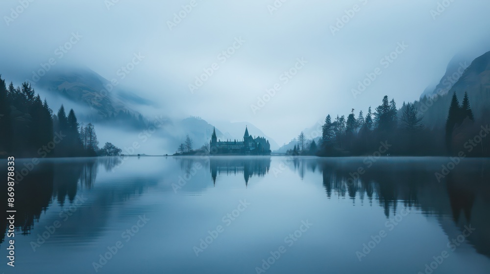 Fototapeta premium Misty morning reflection with castle amidst pine forest and lake.