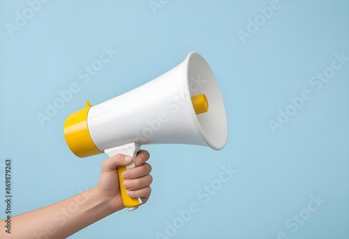A hand holding a megaphone with a accent against a light blue background