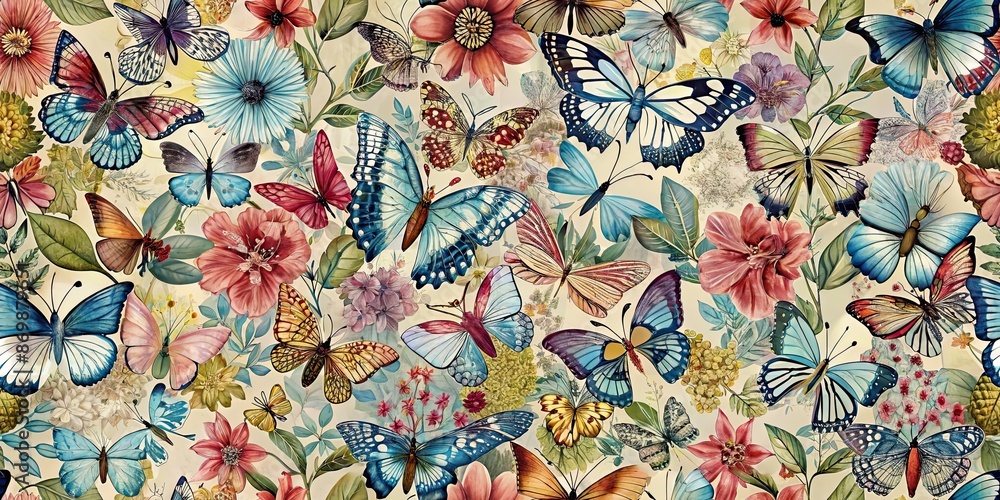 Fototapeta premium A pattern featuring colorful butterflies, which can be combined with floral patterns.