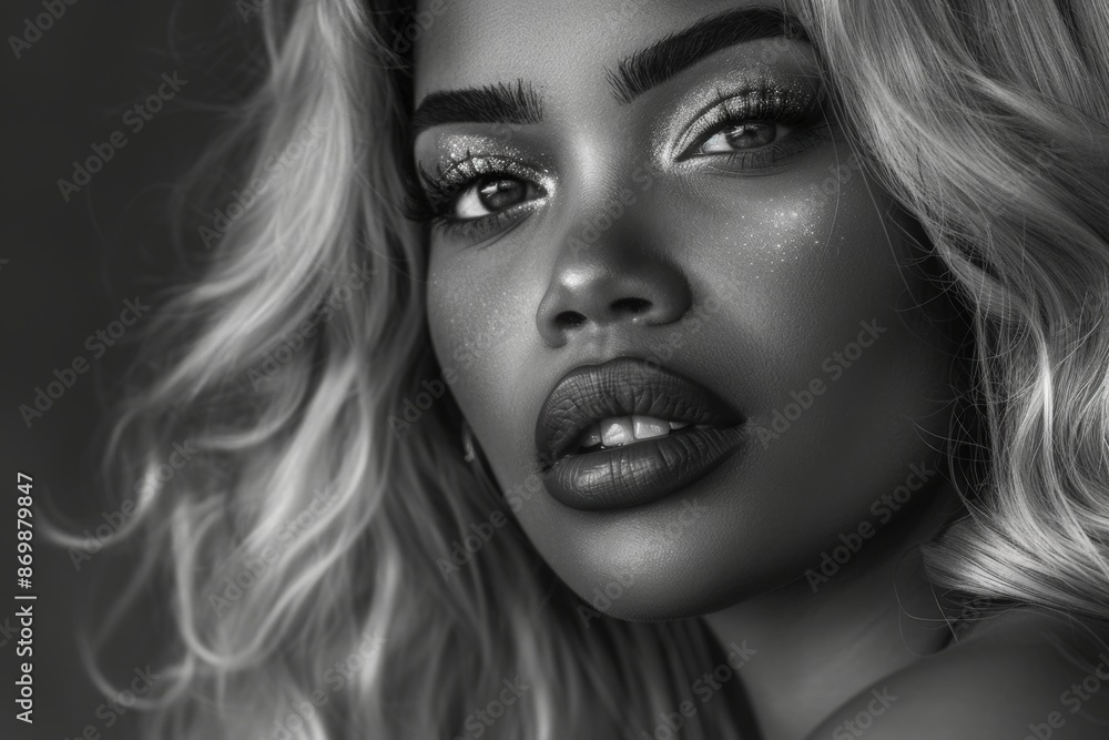 Fototapeta premium Blonde woman with long curly hair and perfect makeup. Black and white photograph. Salon Haircare or Skincare. Perfect hair and Smooth Skin