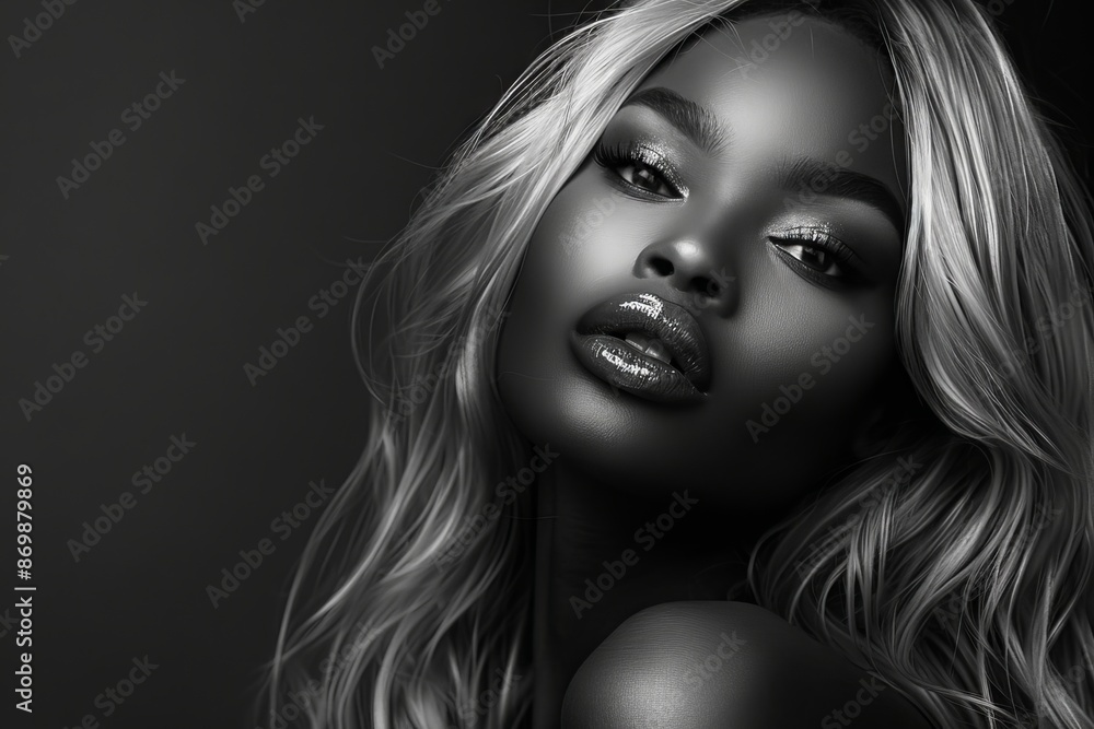 Fototapeta premium Blonde woman with long curly hair and perfect makeup. Black and white photograph. Salon Haircare or Skincare. Perfect hair and Smooth Skin